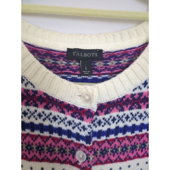 Talbot's Women's Cream Fair Isle Button Cardigan Grandmacore Nylon & Wool SZ L - Picture 3 of 13
